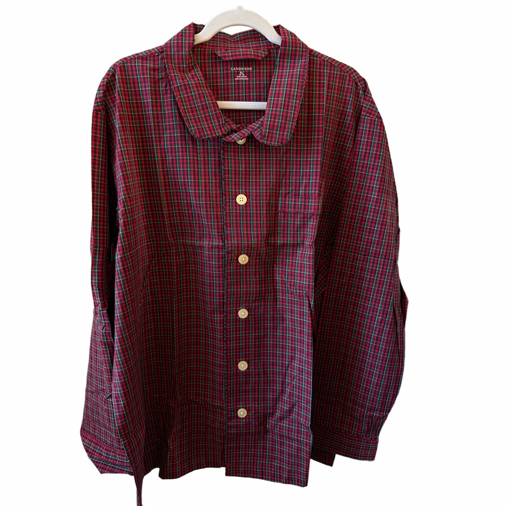 Lands' End Broadcloth XL Red Tartan Pajama Top Long Sleeve NEW w/Tags Button Up
